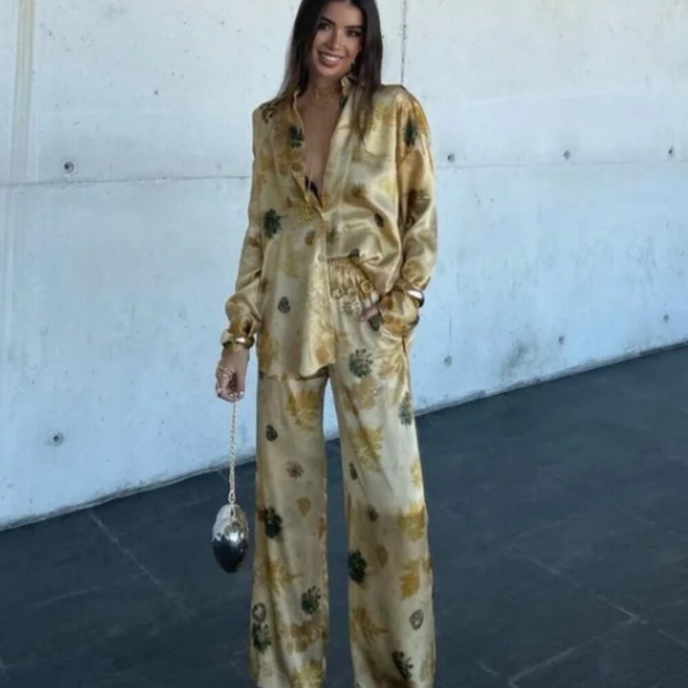NWT ZW COLLECTION PRINTED 100% SILK YELLOW PRINT PANTS